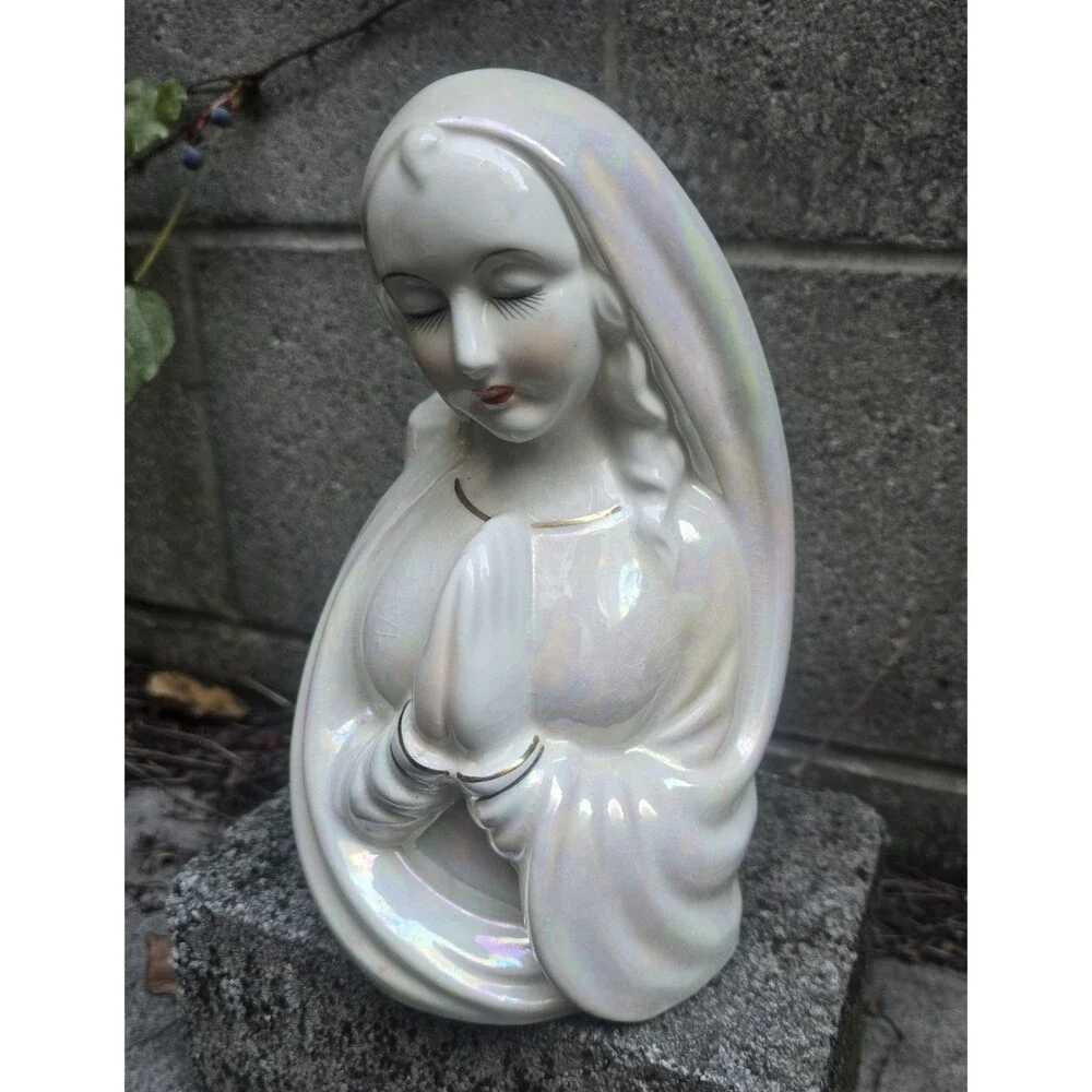 Praying Virgin Mary Madonna Ceramic Planter Opalesent Glaze w/ Gold Details Vtg